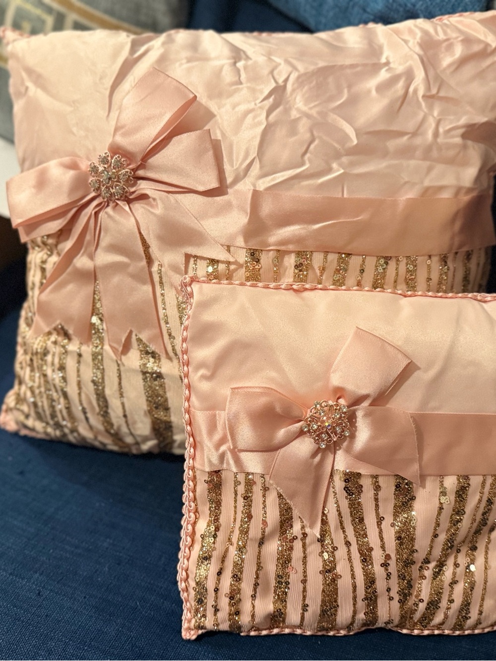 Pink Satin and Gold Sequin Decorative Throw Pillows for Quinceañera - Set of 2